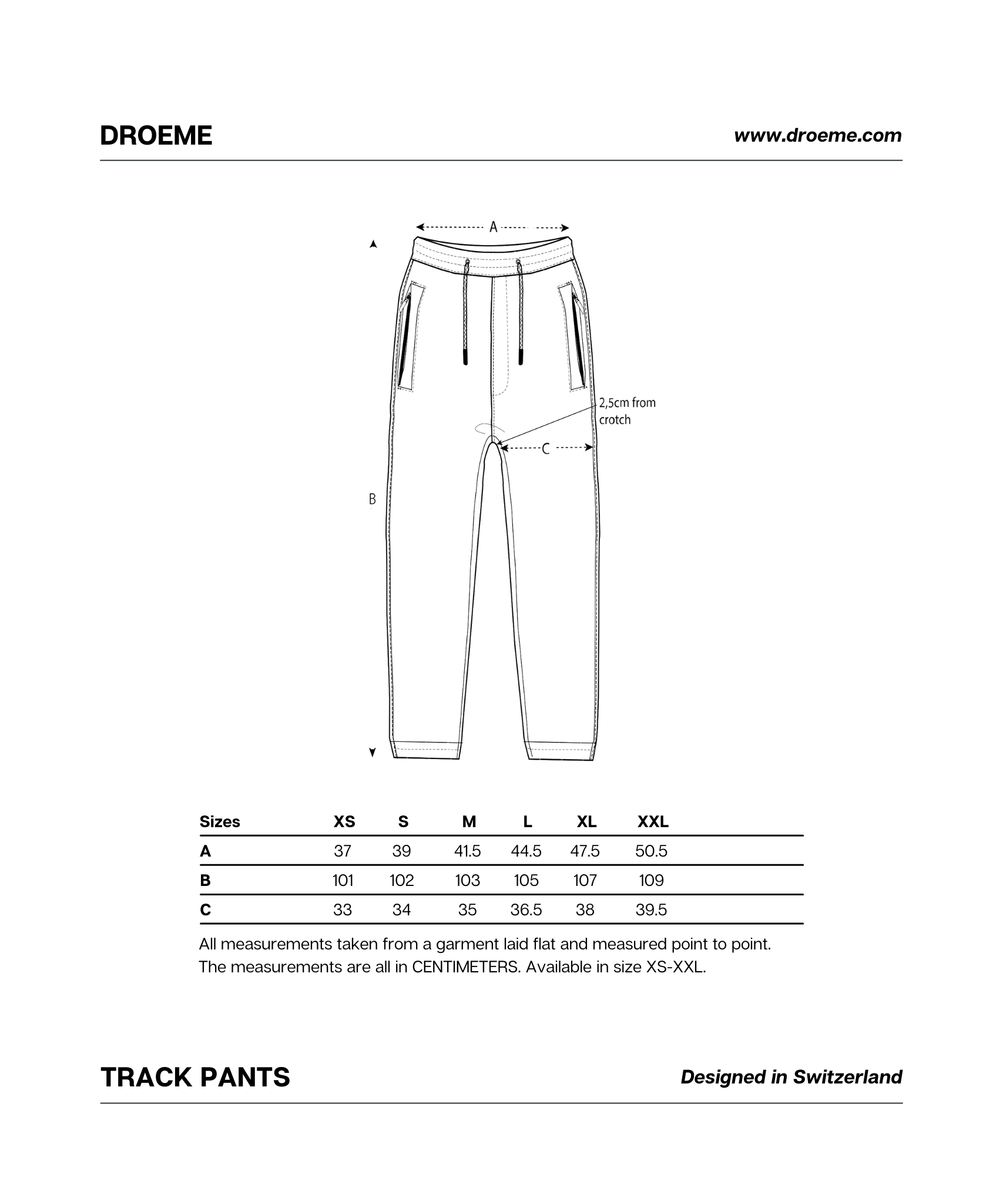 Droeme - Size Chart Track Pants